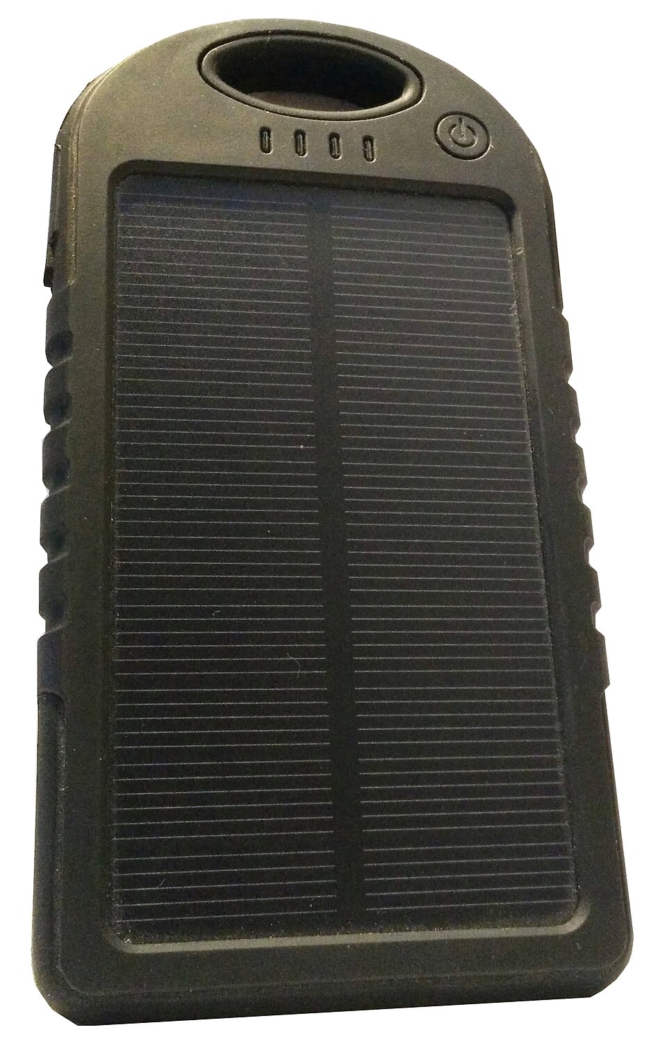 A dark green handheld power bank with a solar panel on its face, for storm prep in Panama City, FL